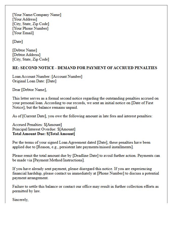 Second Notice Demand Letter for Accrued Personal Loan Penalties