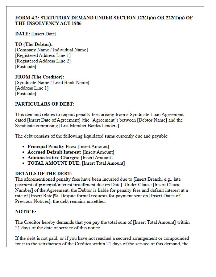Statutory Demand Letter for Unsettled Syndicate Loan Penalty Fees