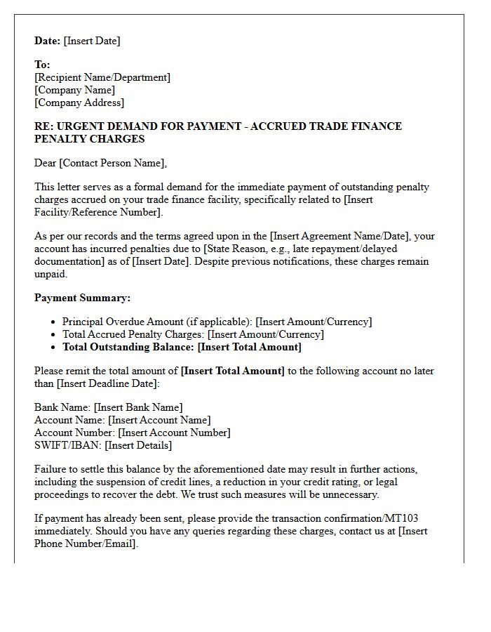 Urgent Demand Letter for Accrued Trade Finance Penalty Charges