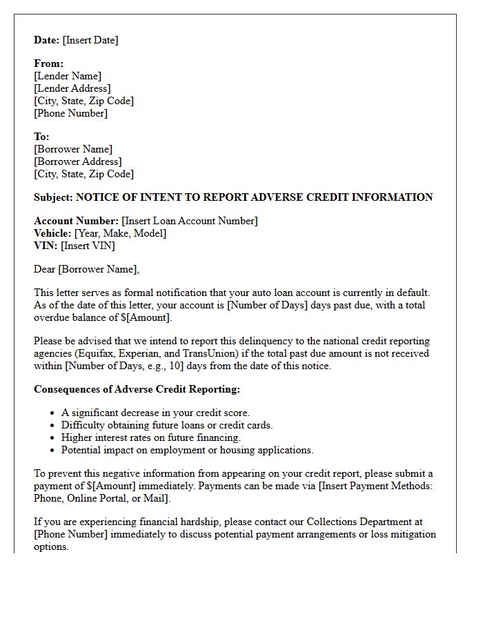 Auto Loan Default Adverse Credit Reporting Warning Letter