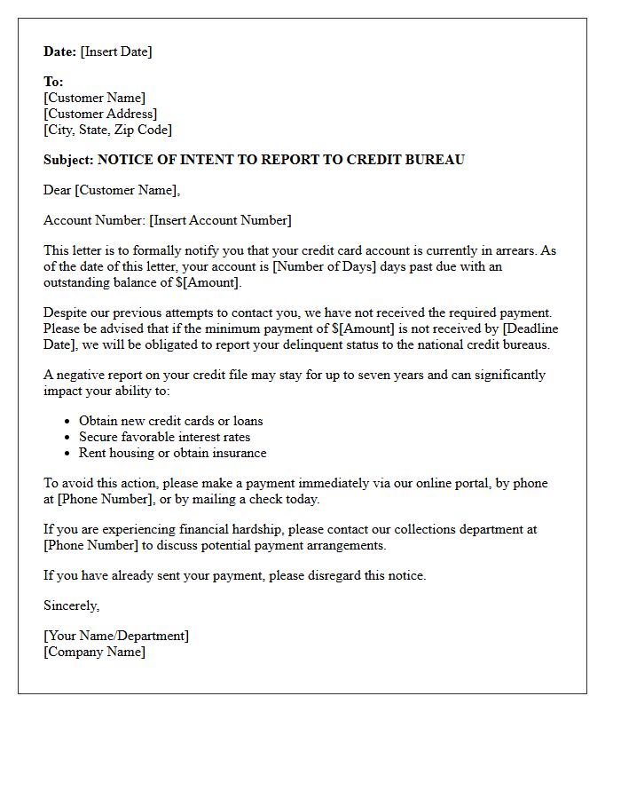 Credit Card Arrears Credit Bureau Reporting Warning Letter