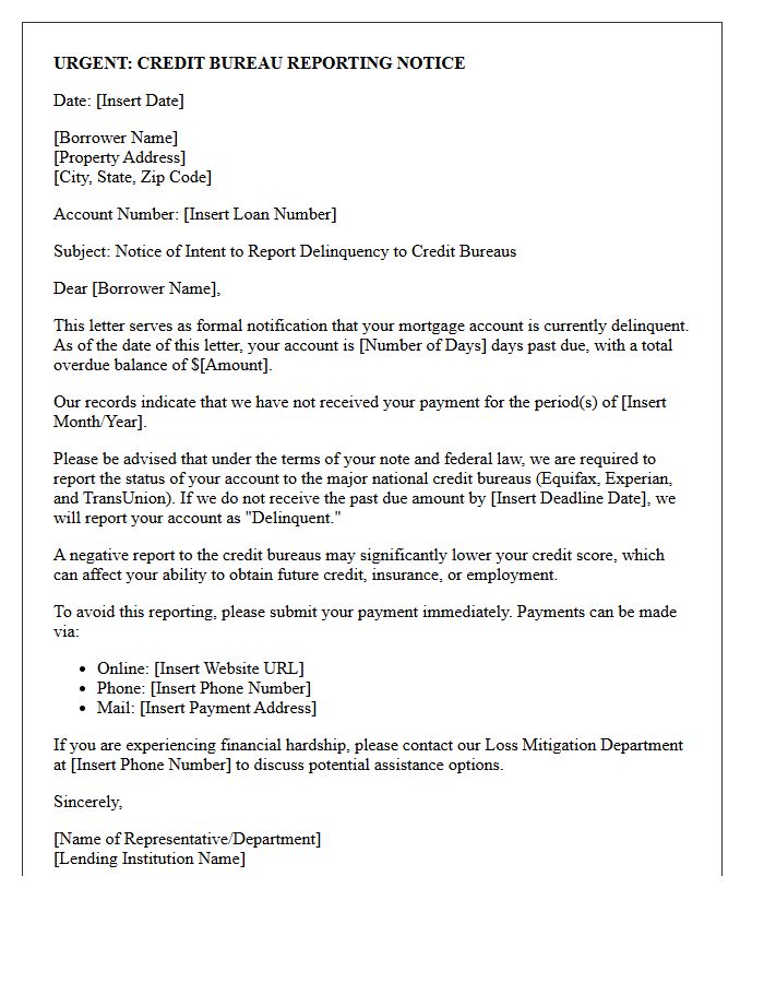 Delinquent Mortgage Account Credit Bureau Reporting Warning Letter