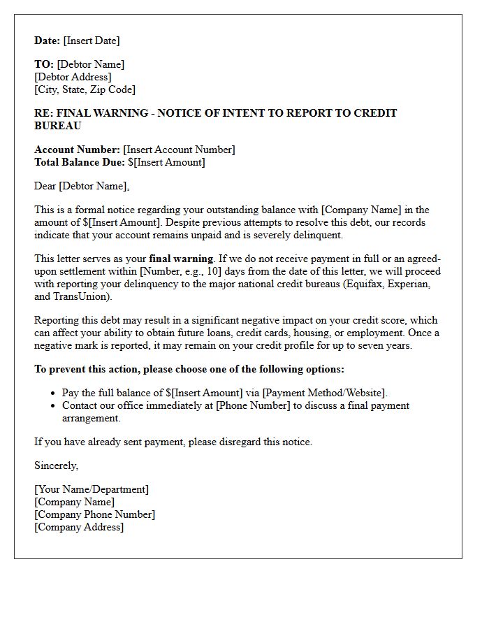 Final Warning Letter for Adverse Credit Bureau Reporting