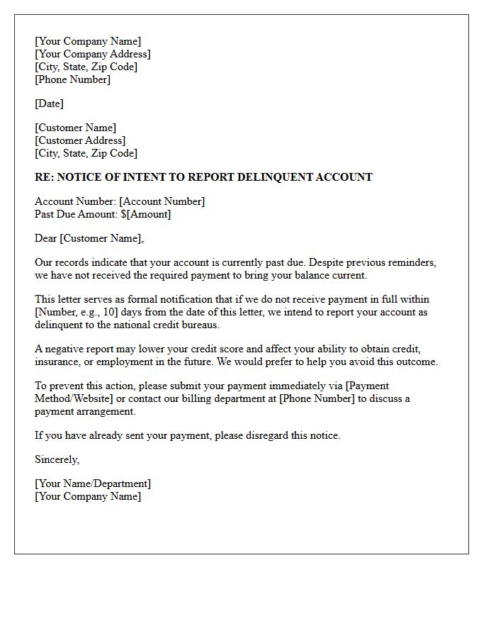 Initial Delinquent Account Credit Bureau Reporting Warning Letter