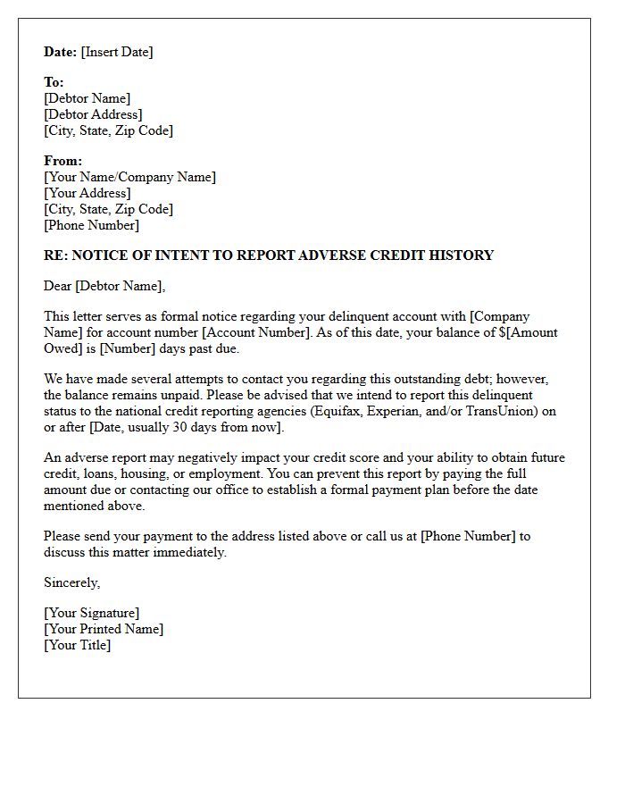 Notice of Intent to Report Adverse Credit History Letter