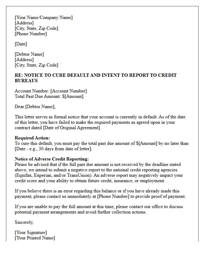 Notice to Cure Default to Prevent Adverse Credit Reporting Letter