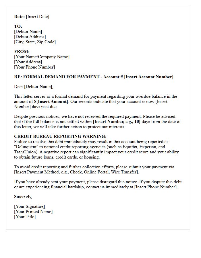 Payment Demand and Credit Bureau Reporting Warning Letter