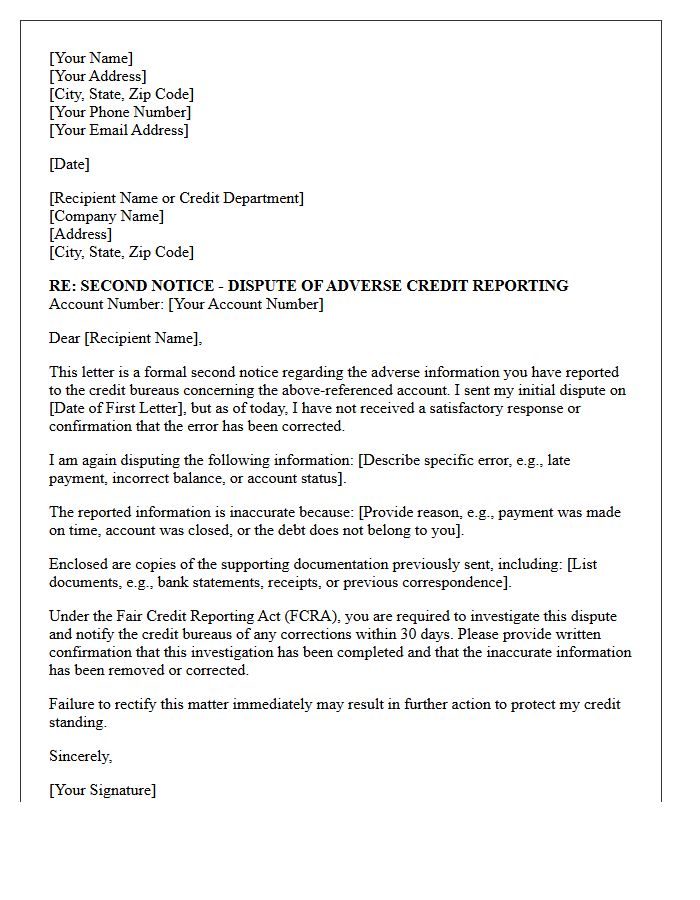 Second Notice of Adverse Credit Reporting Letter