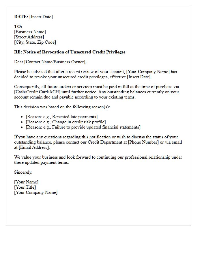 Business Line Notification of Revocation of Unsecured Credit Privileges Letter