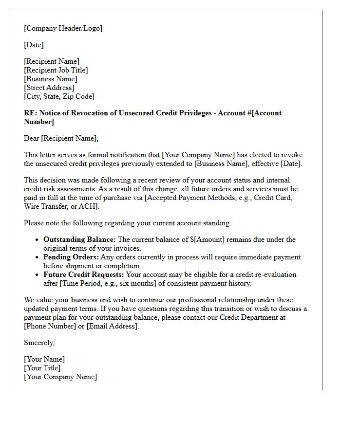 Commercial Account Notification of Revocation of Unsecured Credit Privileges Letter