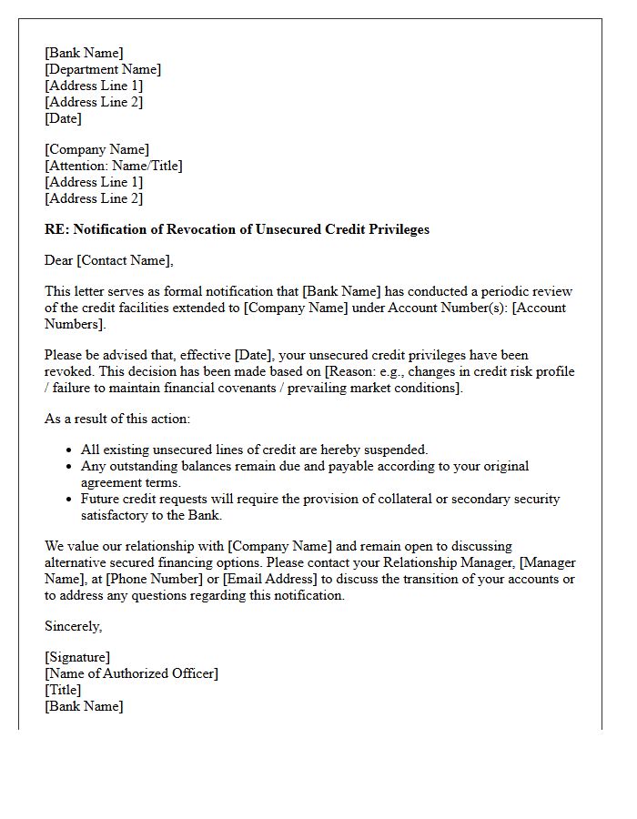 Corporate Banking Notification of Revocation of Unsecured Credit Privileges Letter