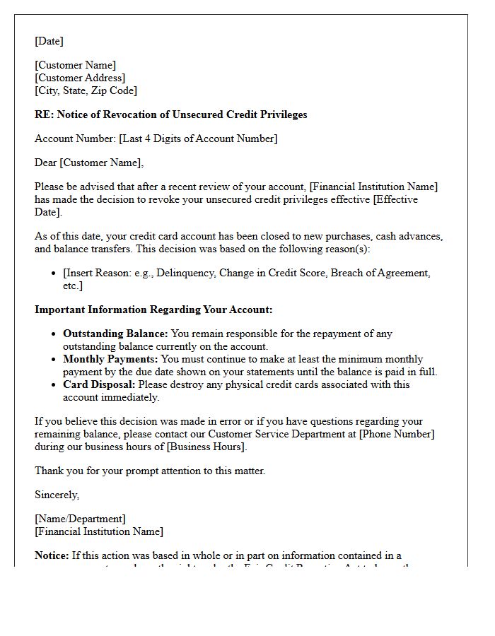 Credit Card Account Notification of Revocation of Unsecured Credit Privileges Letter
