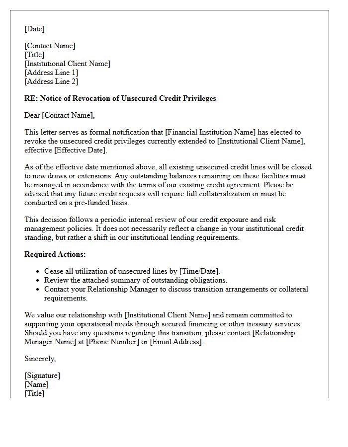 Institutional Client Notification of Revocation of Unsecured Credit Privileges Letter