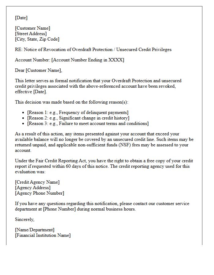 Overdraft Protection Notification of Revocation of Unsecured Credit Privileges Letter