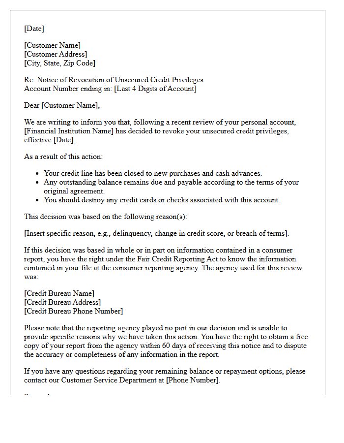Personal Account Notification of Revocation of Unsecured Credit Privileges Letter