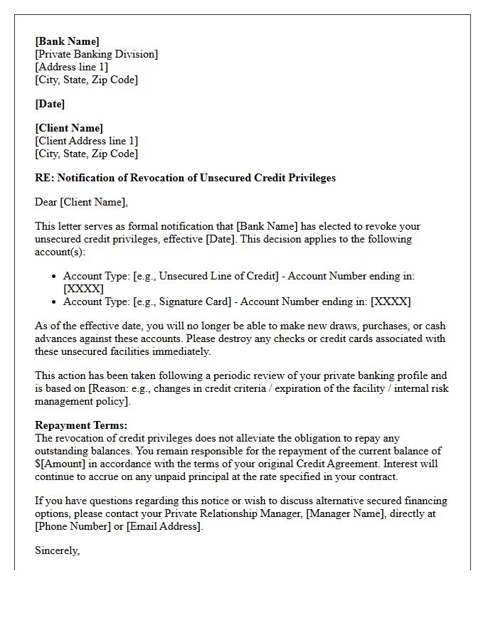 Private Banking Notification of Revocation of Unsecured Credit Privileges Letter