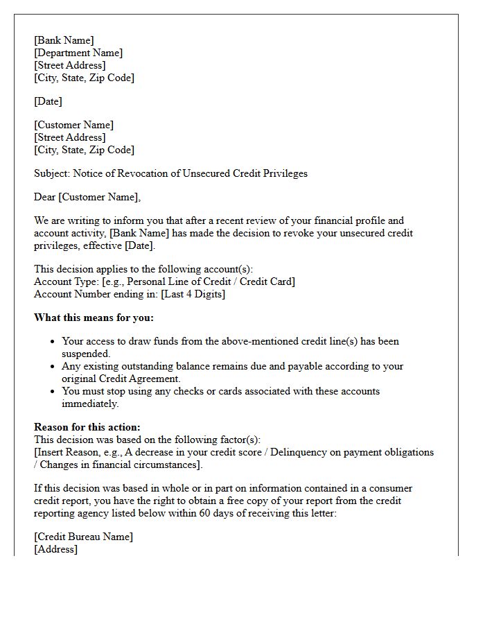 Retail Banking Notification of Revocation of Unsecured Credit Privileges Letter