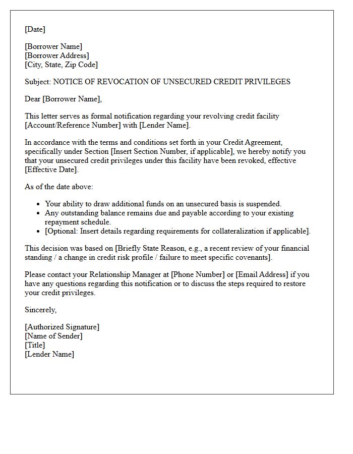 Revolving Facility Notification of Revocation of Unsecured Credit Privileges Letter