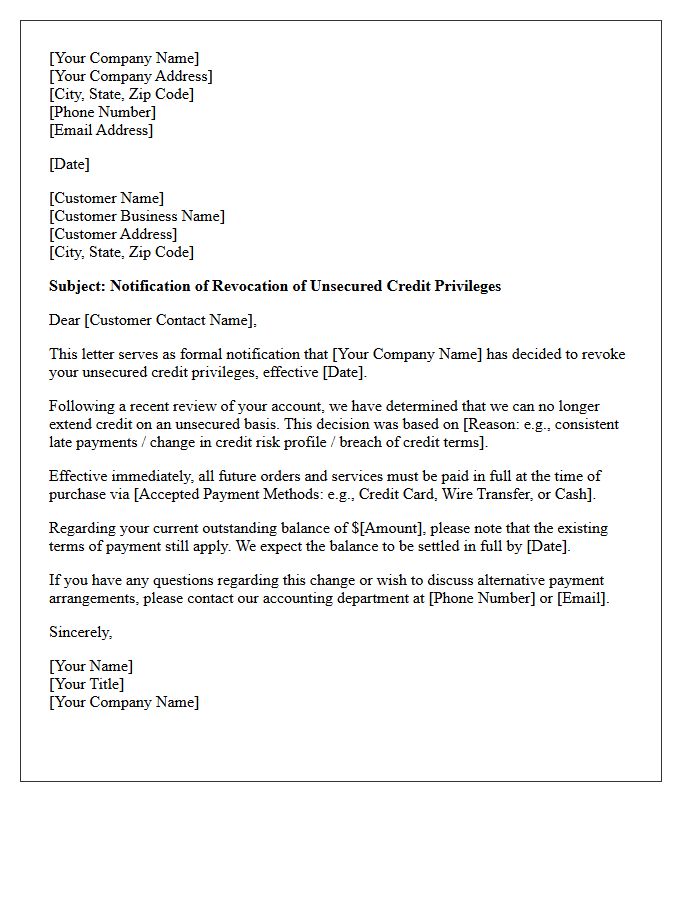 Small Business Notification of Revocation of Unsecured Credit Privileges Letter