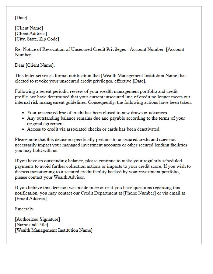 Wealth Management Notification of Revocation of Unsecured Credit Privileges Letter