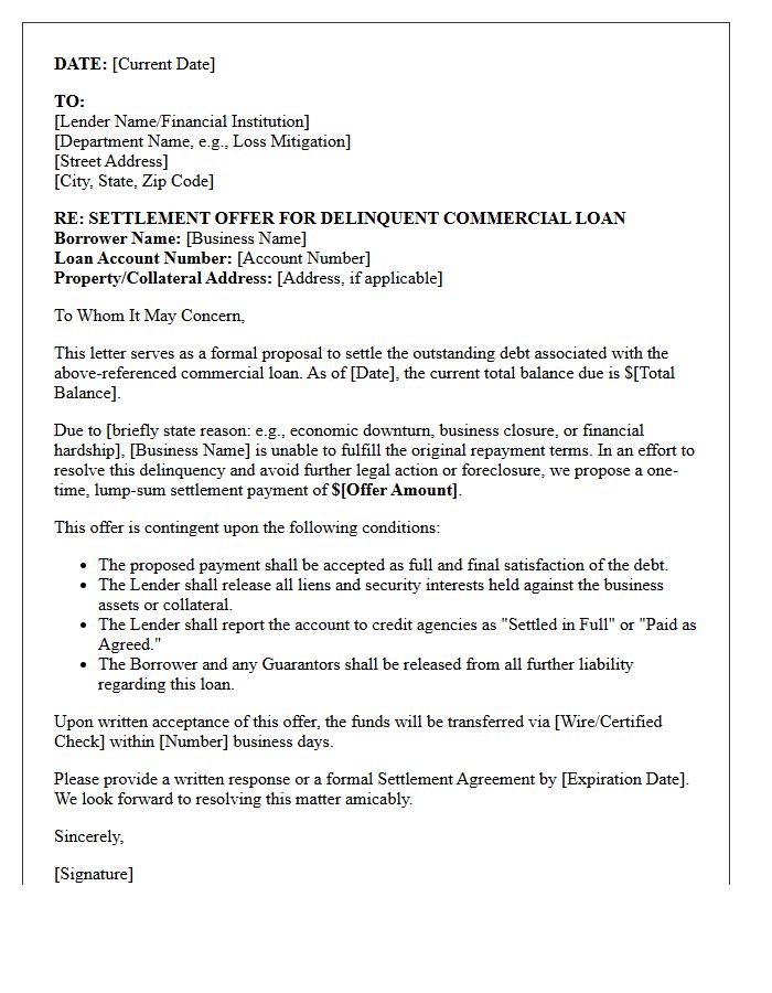 Commercial Loan Delinquency Settlement Letter