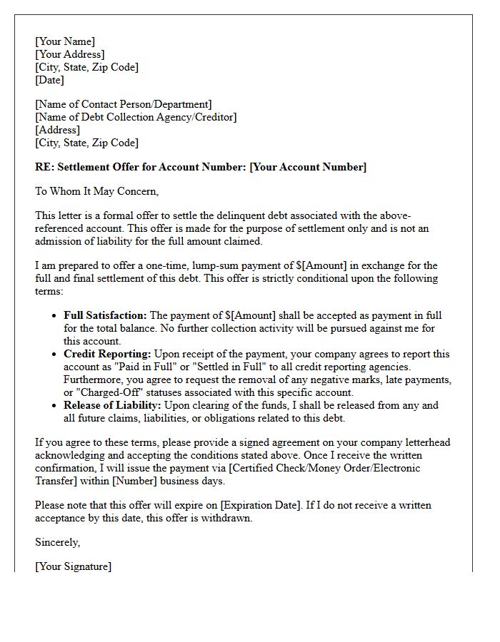 Conditional Delinquent Debt Settlement Letter