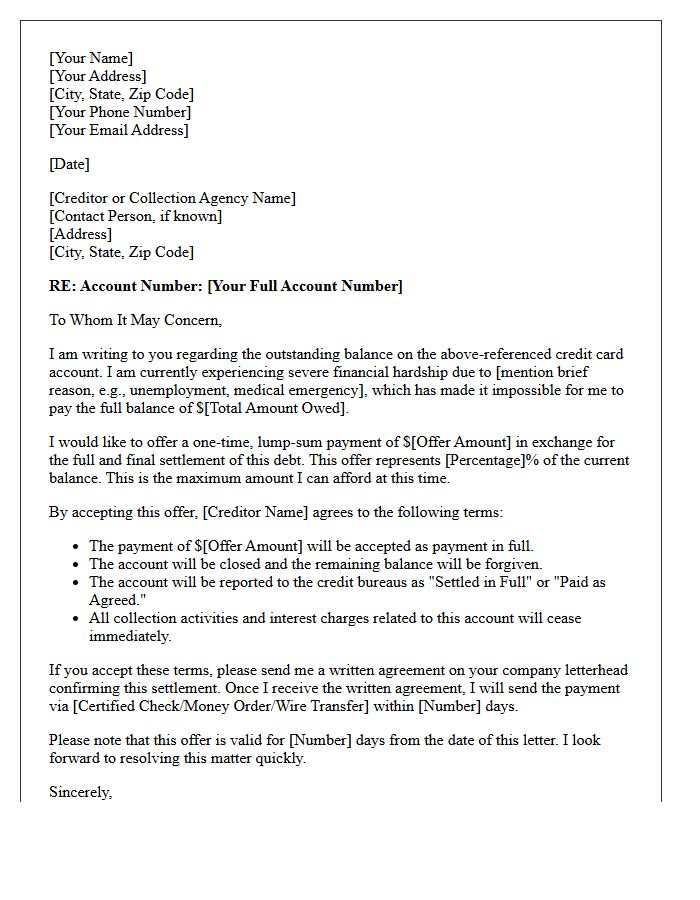 Consumer Credit Card Debt Settlement Offer Letter