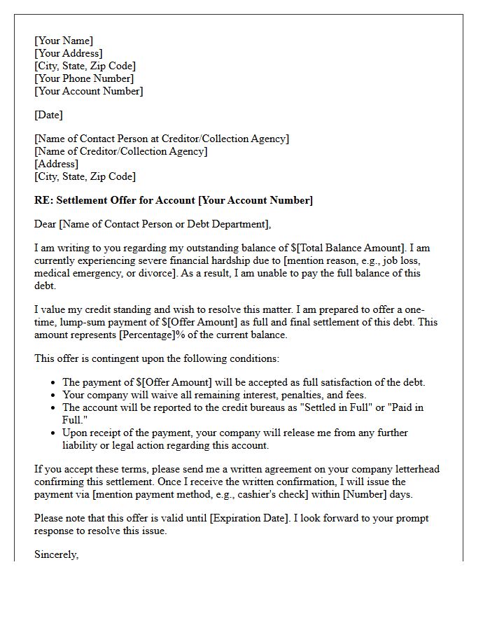 Hardship Based Debt Settlement Offer Letter