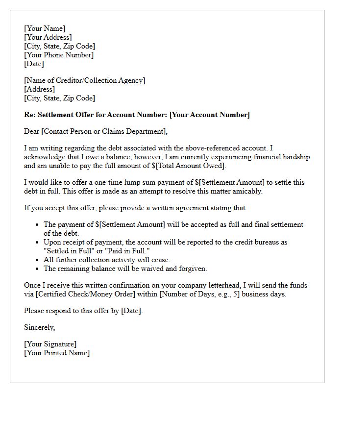 Lump Sum Delinquent Debt Settlement Letter