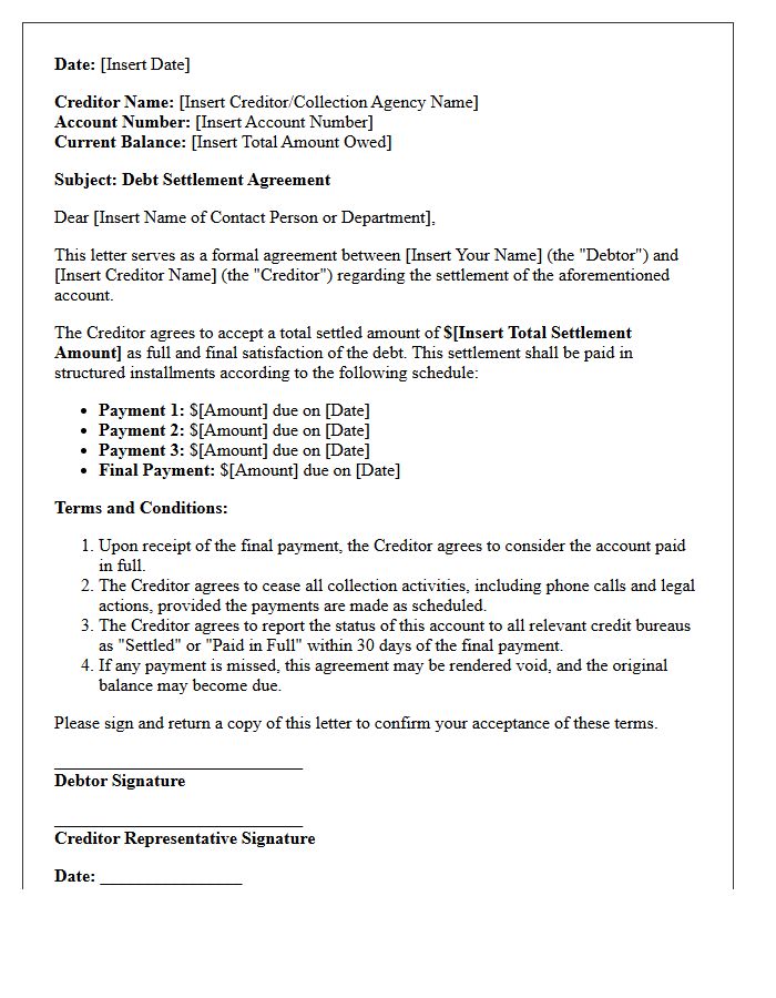 Structured Payment Debt Settlement Agreement Letter