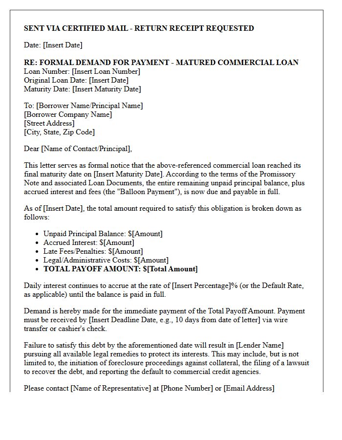 Corporate Demand Letter for Matured Commercial Balloon Loan Obligation