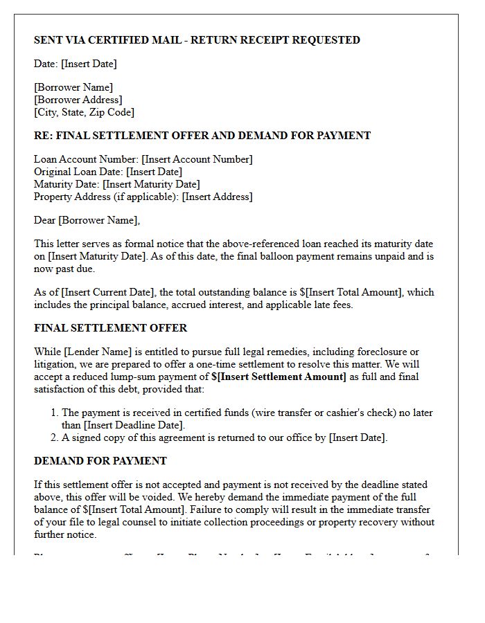 Final Settlement Offer and Demand Letter for Matured Balloon Loan