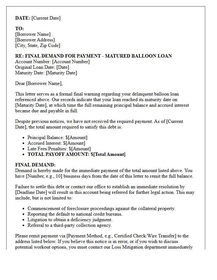 Final Warning Demand Letter for Delinquent Matured Balloon Loan