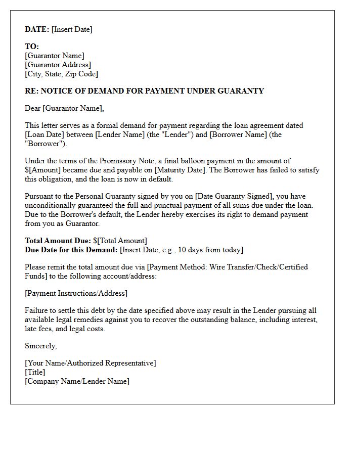 Guarantor Demand Letter for Outstanding Matured Balloon Loan Payment