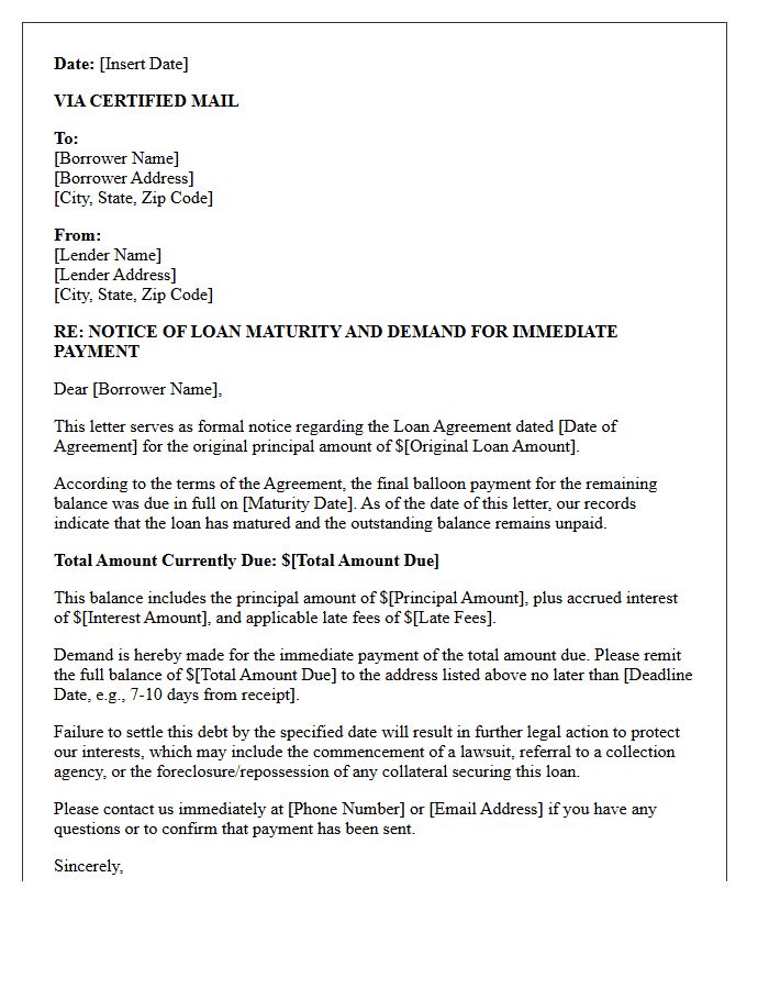 Immediate Payment Demand Letter for Expired Balloon Loan Agreement