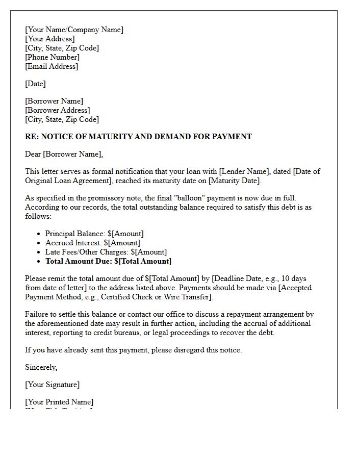 Initial Demand Letter for Payment of Matured Balloon Loan