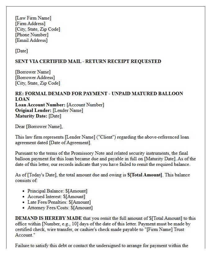 Legal Counsel Demand Letter for Unpaid Matured Balloon Loan