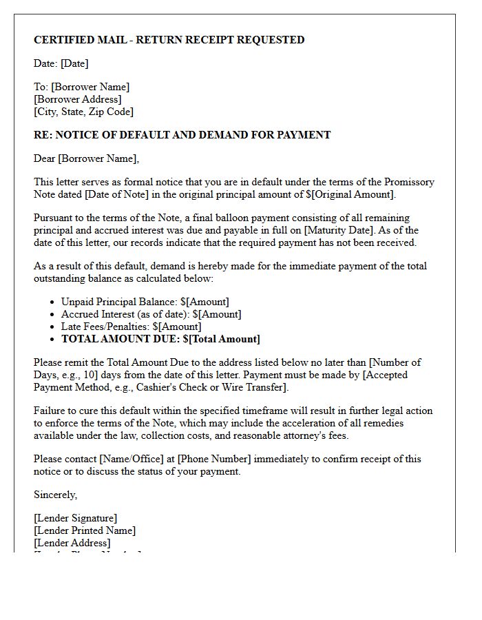 Notice of Default and Demand Letter for Matured Balloon Promissory Note