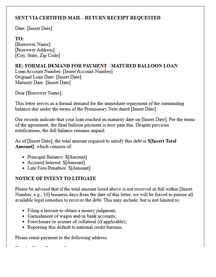 Pre-Litigation Demand Letter for Matured Balloon Loan Recovery