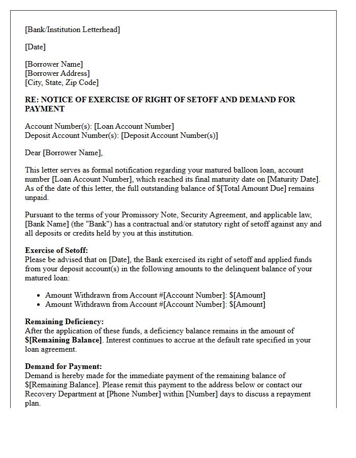 Right of Setoff Notification and Demand Letter for Matured Balloon Loan
