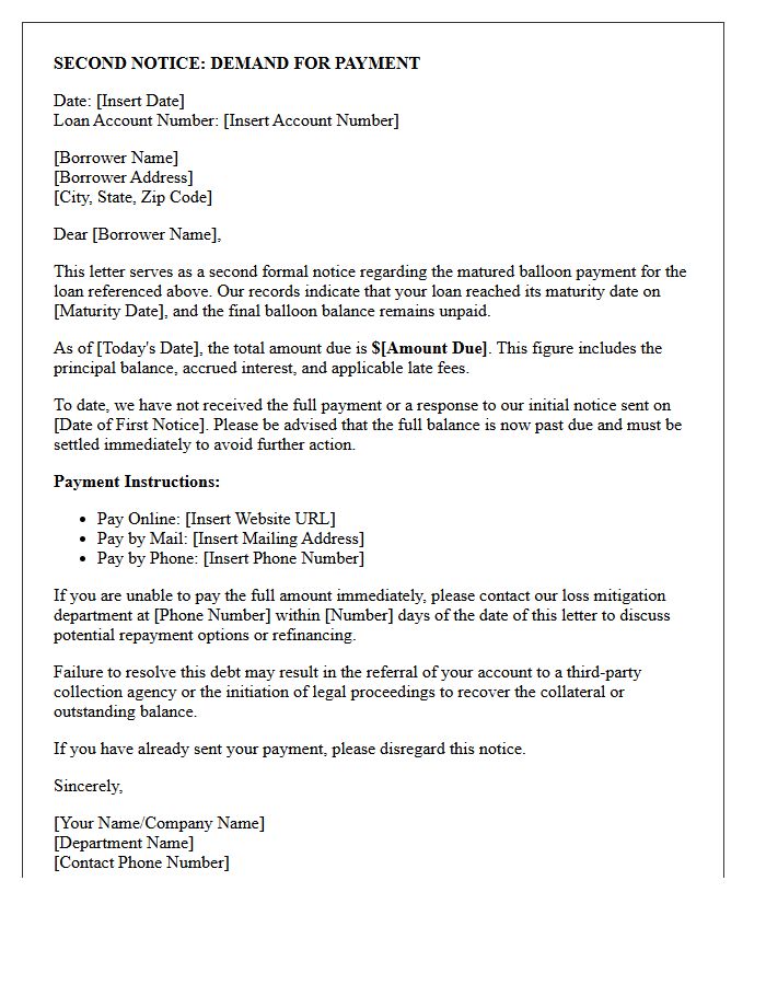 Second Notice Demand Letter for Matured Balloon Loan Balance