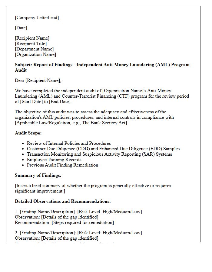 Anti-Money Laundering Program Audit Findings Letter