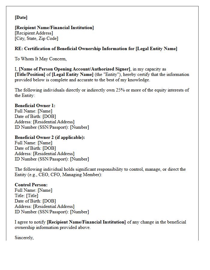 Beneficial Ownership Information Certification Letter
