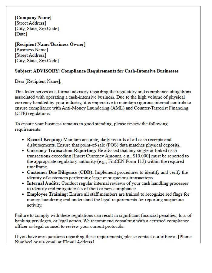 Cash-Intensive Business Compliance Advisory Letter