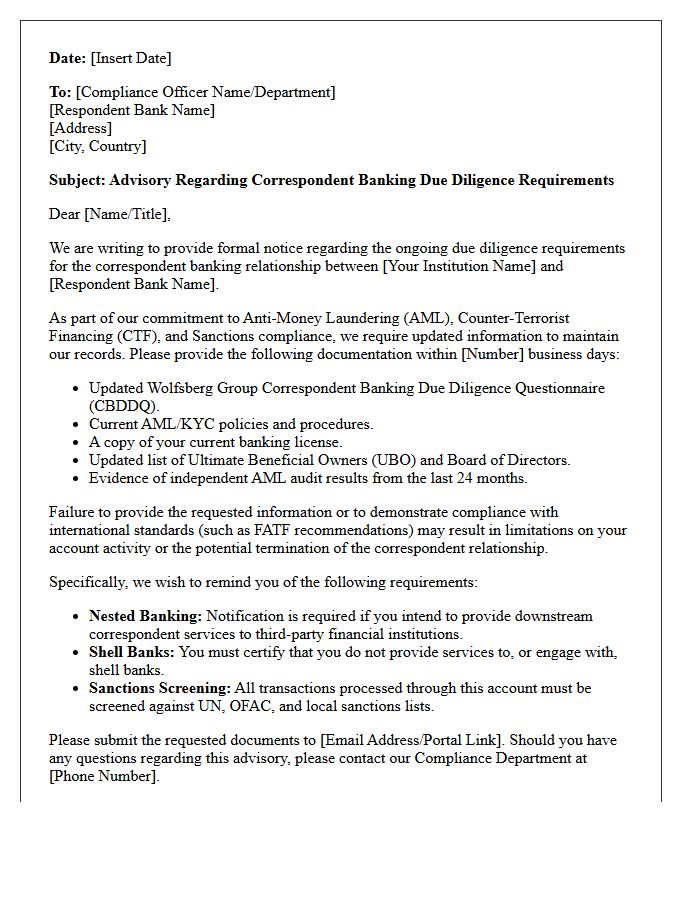 Correspondent Banking Due Diligence Advisory Letter