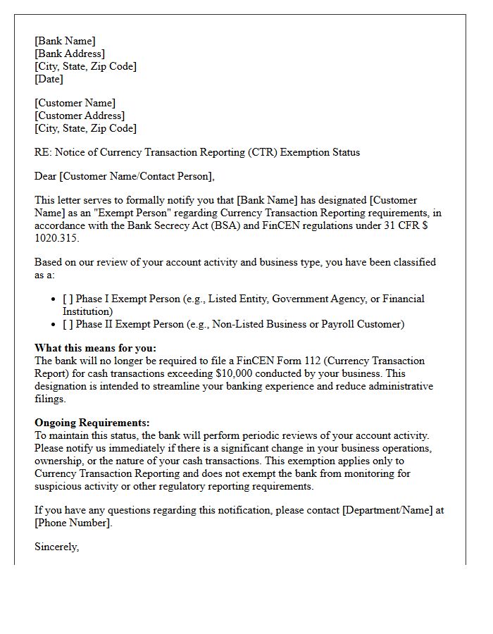 Currency Transaction Reporting Exemption Status Letter