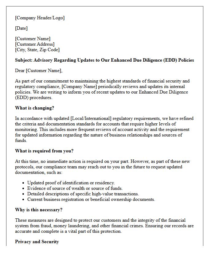Enhanced Due Diligence Policy Update Advisory Letter