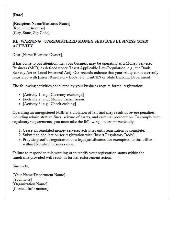 Unregistered Money Services Business Warning Letter