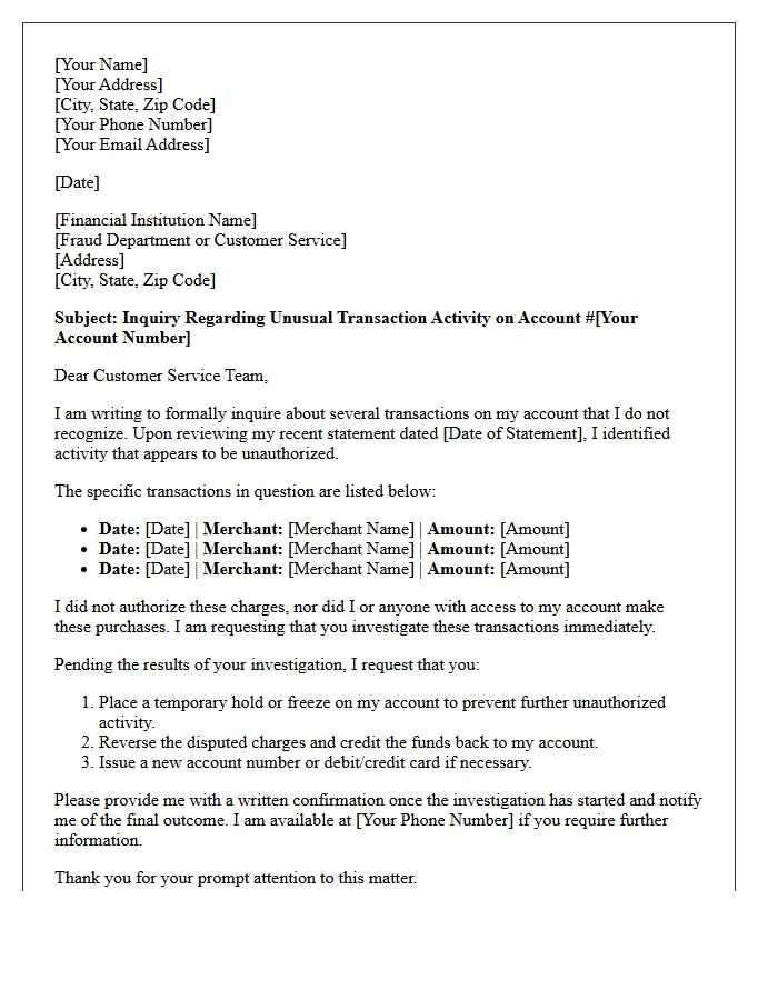 Unusual Transaction Activity Inquiry Letter