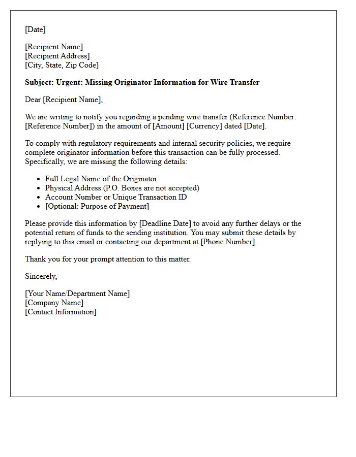 Wire Transfer Originator Information Requirement Letter